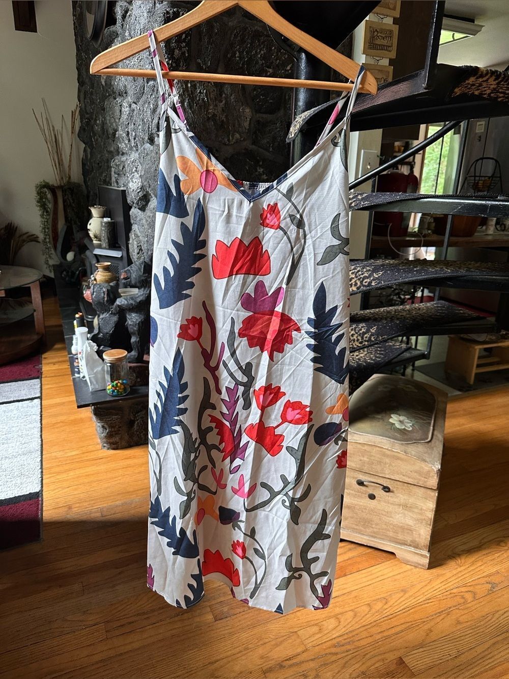 Floral Slip Dress - Bold Red & Navy Print